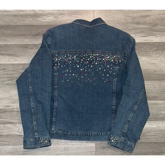 Blue jean jacket Bedazzled Sunburst by Morning Sun denim women's studded Sz L - Picture 2 of 16